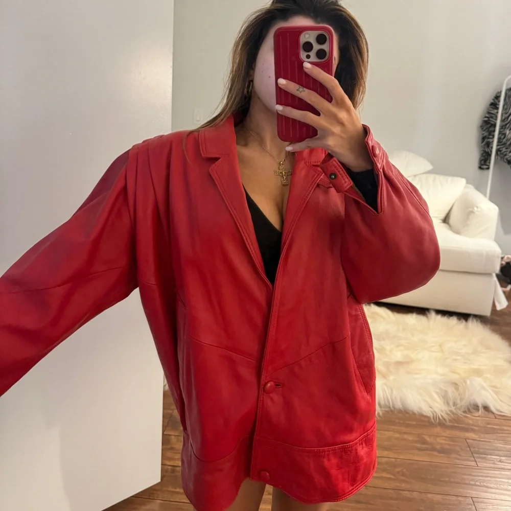 vintage red leather european moto oversized jacket